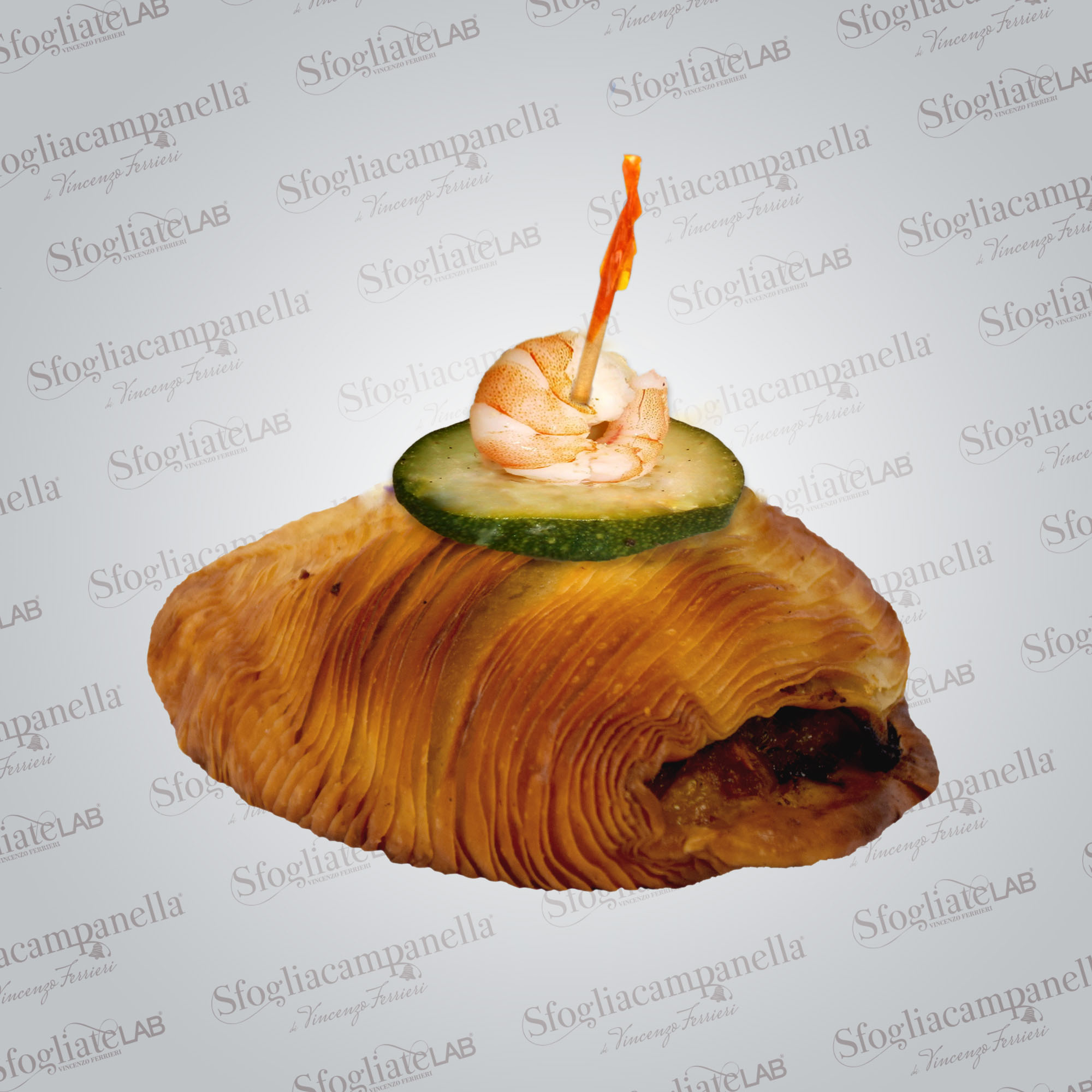 Sfogliatella provola, zucchine e gamberi